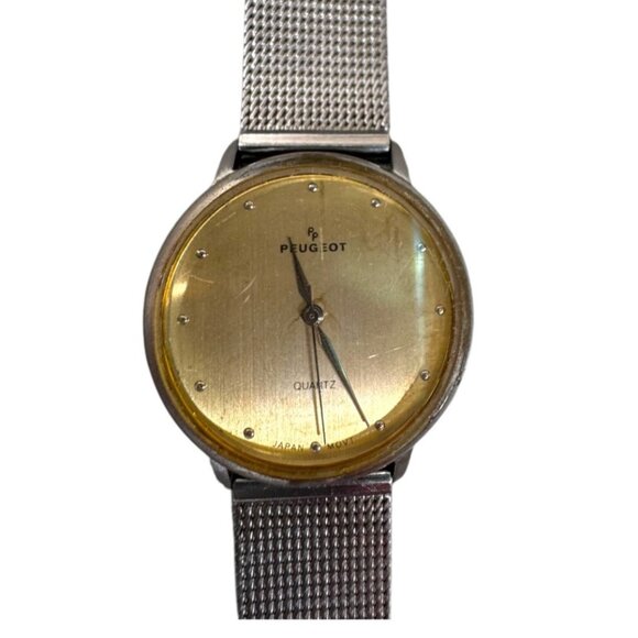 Vintage Mesh Peugeot Quartz Stainless Steel Watch Two Tone Gold Dial 9" READ - Picture 1 of 10